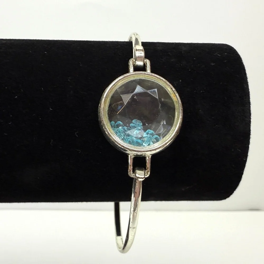 Charm Bangle Bracelet with Round Floating Blue Crystal Rhinestones Jewelry 6.5